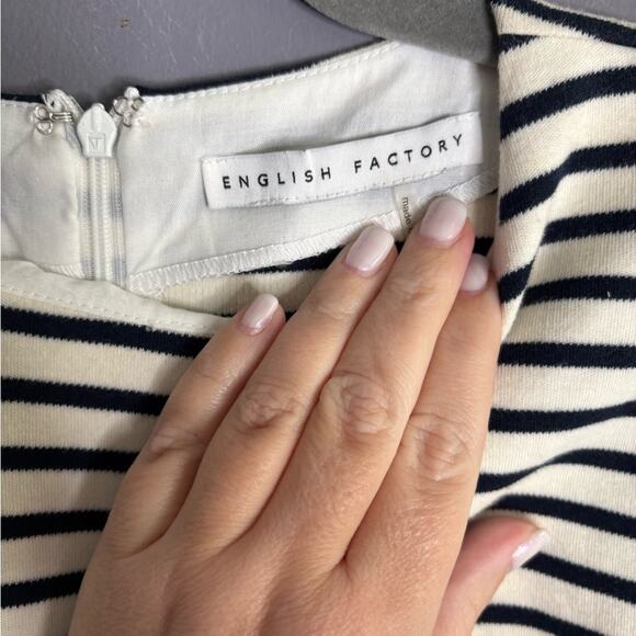 English Factory Navy Blue and White Striped Sheath Dress With Eyelet Sleeves Sm - Picture 5 of 6